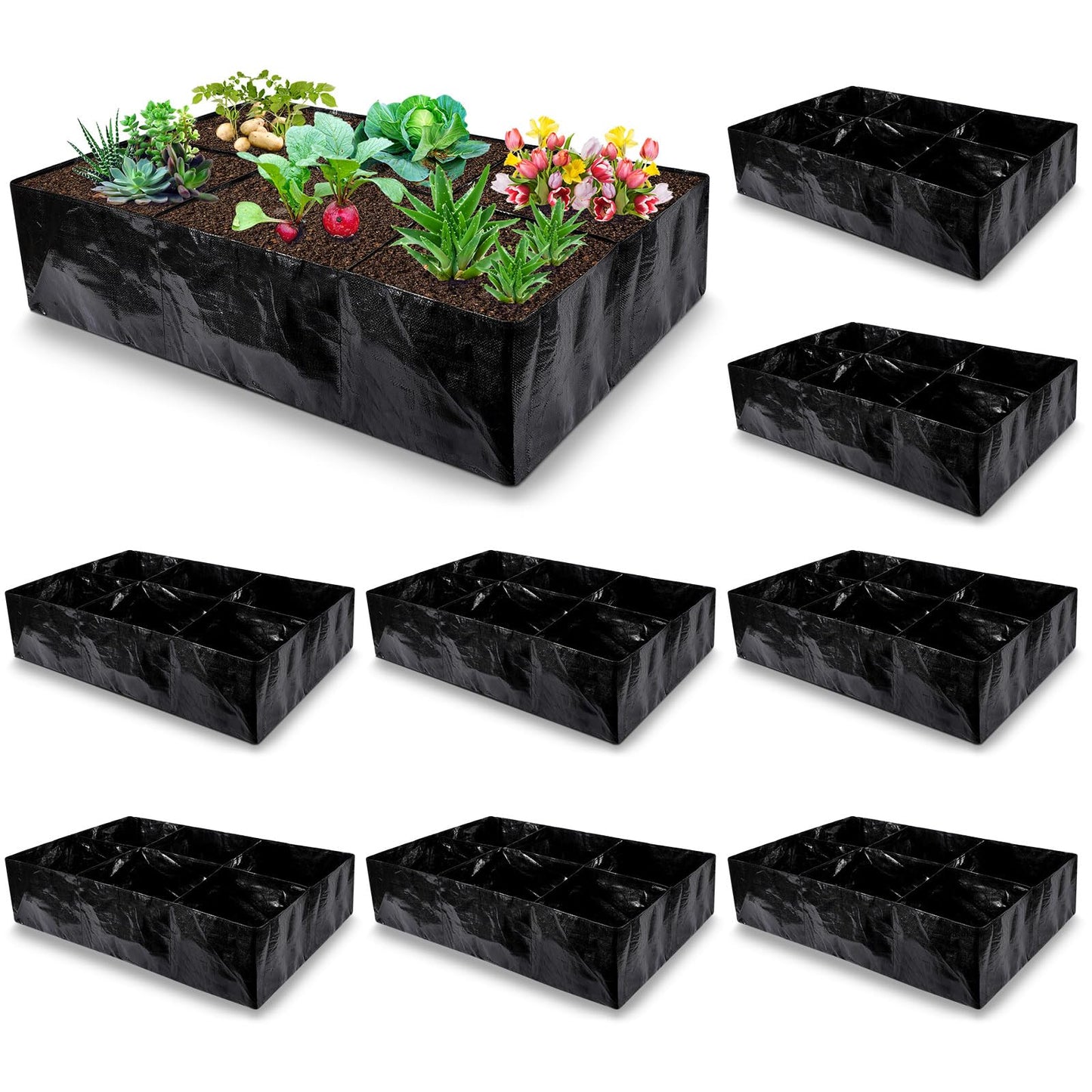 Woanger 8 Pcs 35 Gallon Fabric Raised Garden Bed Outdoor Planter Bags -Garden Grow Bags with 6 Divided Grids Drainage Holes for Vegetables, Flowers, Herbs - Outdoor Patio Gardening Containers