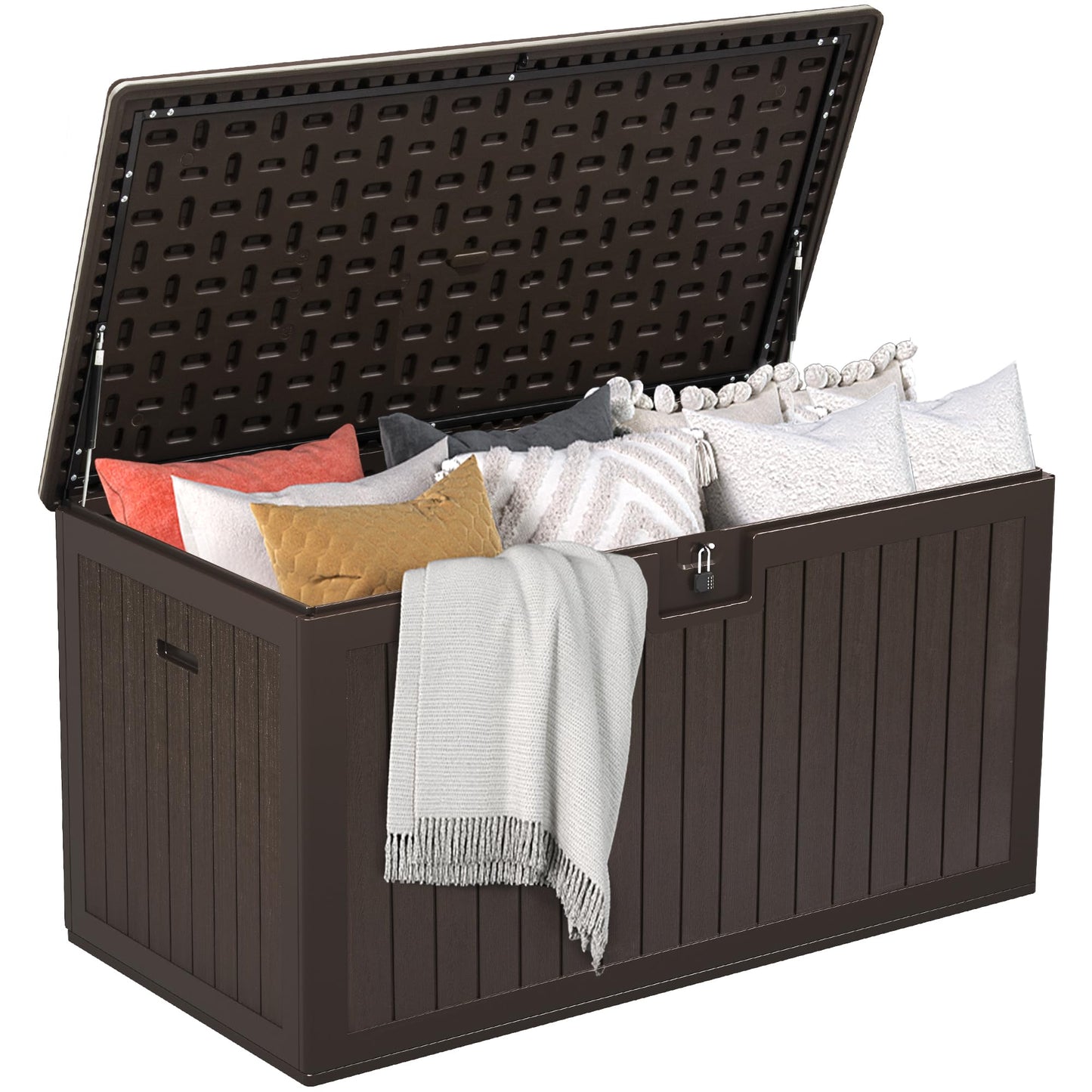 DWVO 180 Gallon Double-Wall Deck Box, XL Large Resin Outdoor Storage Box, Lockable & Waterproof, Double as Seating, 1000lbs Capacity (Brown)