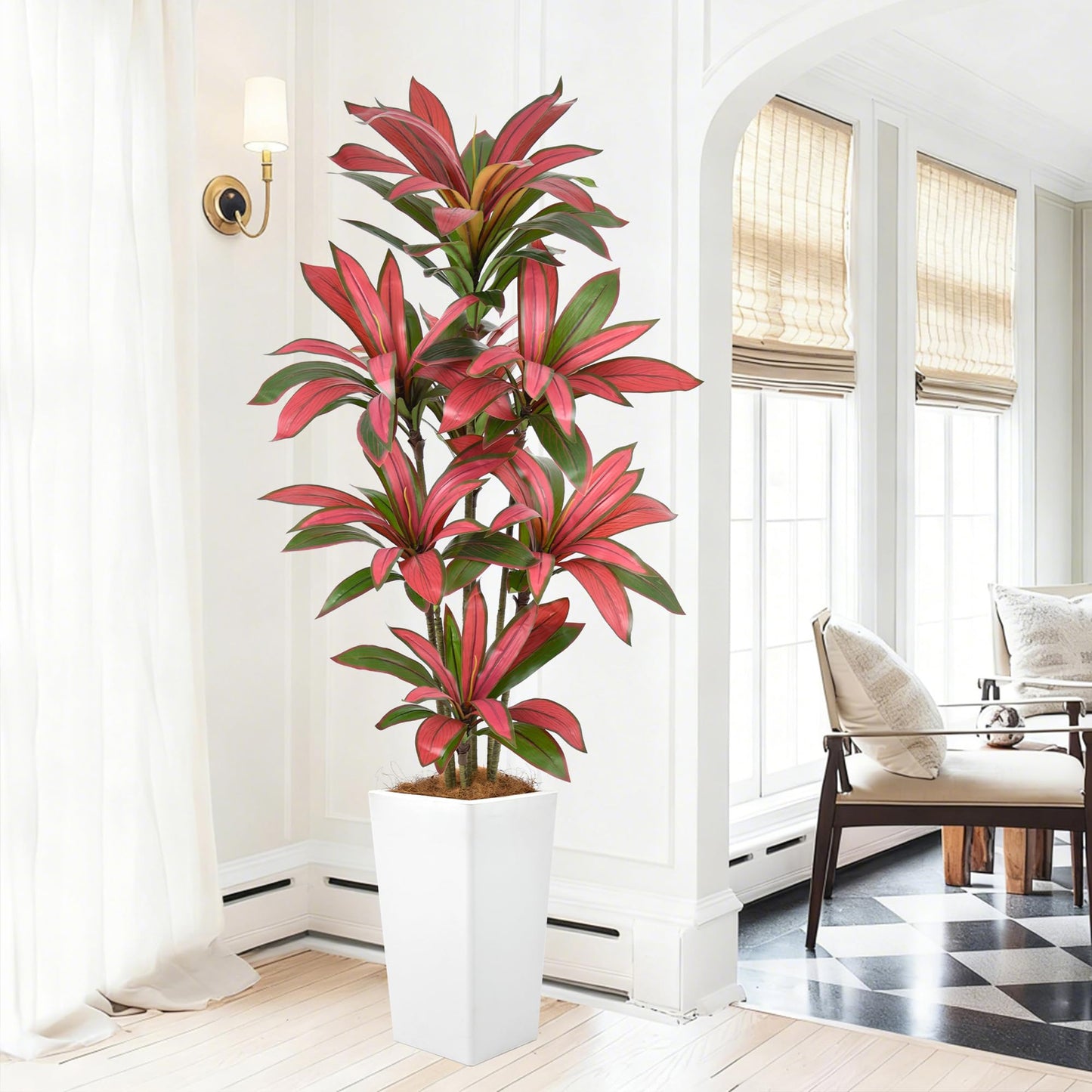 6FT Artificial Dracaena Tree - 72in Faux Dracaena Tree with White Planter, Realistic Trunk & Lifelike Red Foliages, Tall Fake Tropical Floor Plant Potted for Home Office Living Room Indoor Decor