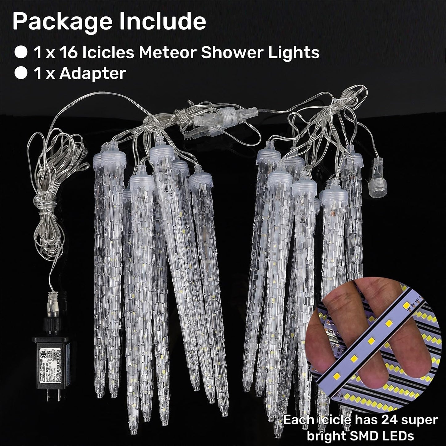 WATERGLIDE 16 Icicles Meteor Shower Lights, 12" Outdoor Icicle Christmas Lights 384 SMD LED Crystal Ice Falling Light, Connectable Raindrop Iciclelight, Xmas Winter Party Tree Holiday Decor, Blue
