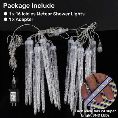 WATERGLIDE 16 Icicles Meteor Shower Lights, 12" Outdoor Icicle Christmas Lights 384 SMD LED Crystal Ice Falling Light, Connectable Raindrop Iciclelight, Xmas Winter Party Tree Holiday Decor, Blue