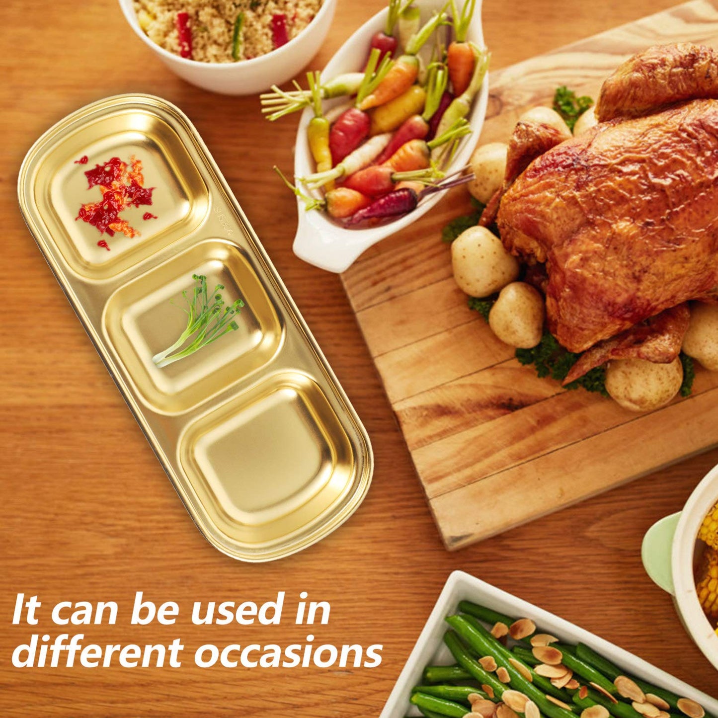 OUNONA Three Grid Seasoning Dish 2-Pack 8.07X3.14X0.78 Inch Stainless Steel Sauce Tray for Serving Dipping Sauces Appetizers and Condiments in Kitchen Restaurant Catering