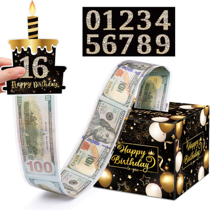Meiidoshine Birthday Money Gift Box with DIY Stickers for Any Age, Surprise Money Boxes for Cash Gift with Pull Out Happy Birthday Day Card and 50Pcs Transparent Bags