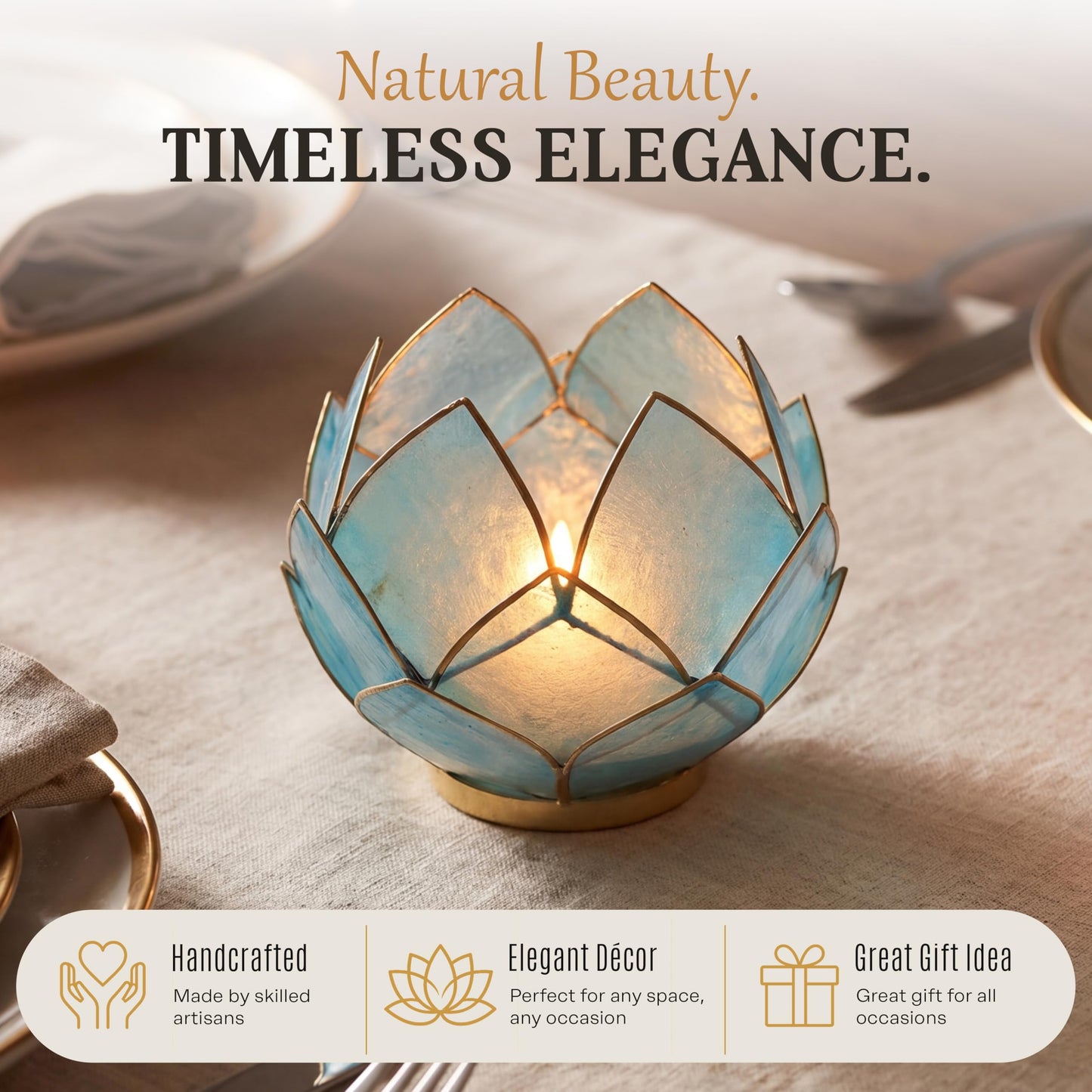 Blooming Lotus Capiz Shell Tealight Candle Holder, Handcrafted Decorative Tea Light Candleholder with Translucent Flower Petals for Ambient Illumination and Natural Elegance, Aquamarine