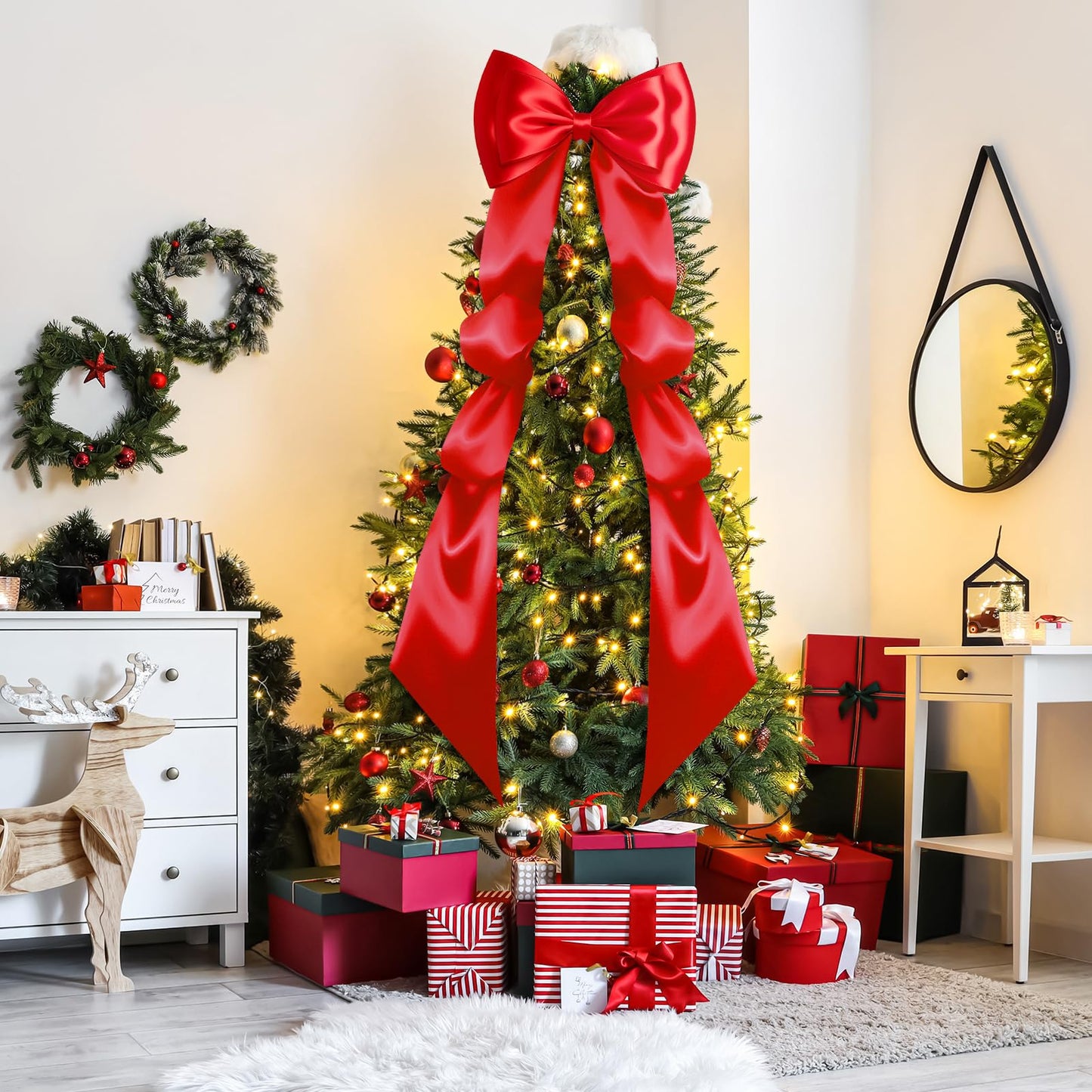 Gejoy Extra Large Christmas Tree Topper Bow 118 x 28 Inch Giant Satin Red Bow with Huge Long Streamer Oversized Double Layer Burgundy Gift Wrapping for Holiday Xmas Tree Decoration Home Party Decor