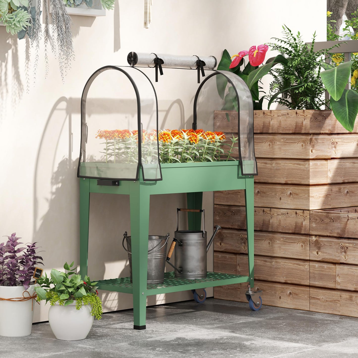 Outsunny Raised Garden Bed with Greenhouse Cover, Large Metal Outdoor Elevated Planter Box with Lockable Wheels, Storage Shelf and Drainage Hole for Vegetables, Flowers, Herbs, Green