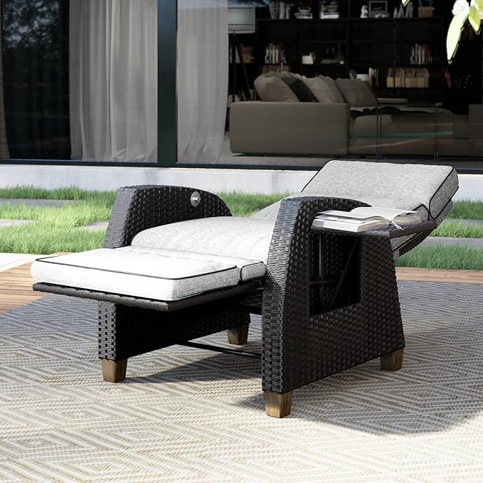 Grand patio Outdoor Recliner Chair Patio 150° Lay Flat Recliner with Flip Table Wicker Reclining Lounge Chair, Griege