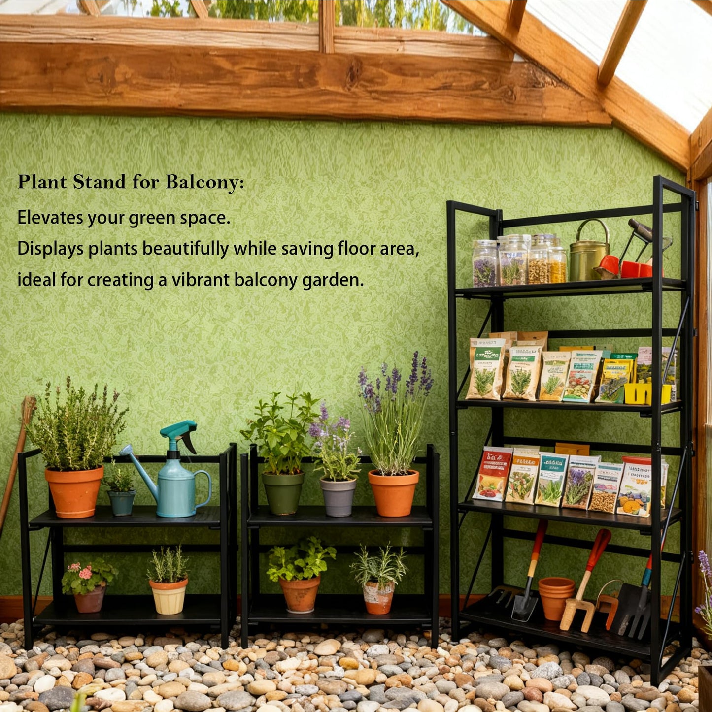 Kogven Folding Bookshelf, 2-in-1 Convertible Design, Multifunctional Plant Stand Storage Rack Shelves for Home Office, Easy Assembly, 4-Tier,Black