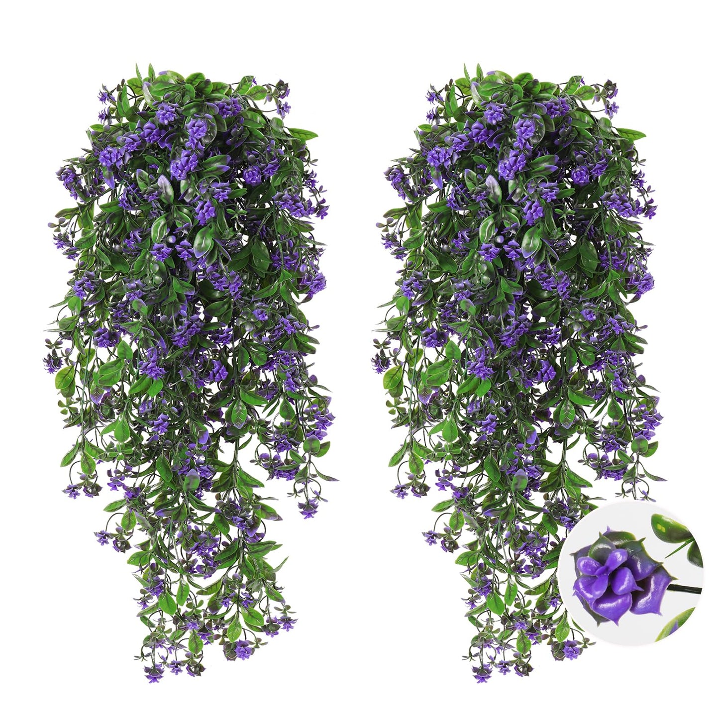 RECUTMS 2Pcs Artificial Hanging Plants Fake Vines Fake Plants Outdoor Greenery Artificial Flower for Outdoors Hanging Basket Plastic Home Garden Wedding Party Decorations(Purple)