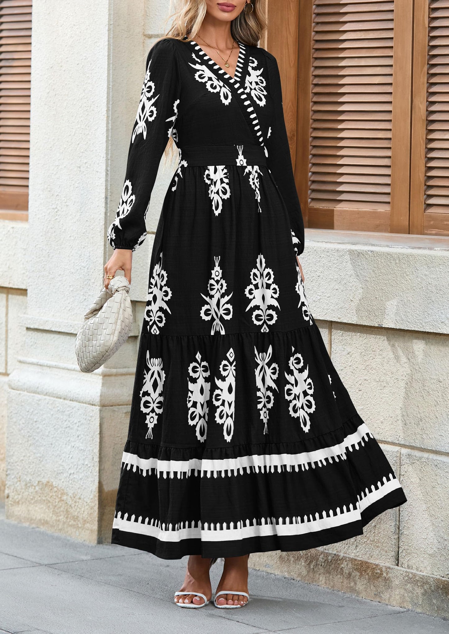 PRETTYGARDEN Women's 2025 Fall Wedding Guest Dresses Boho Floral Long Sleeve V Neck Flowy Elegant Maxi Dress Beach Clothes