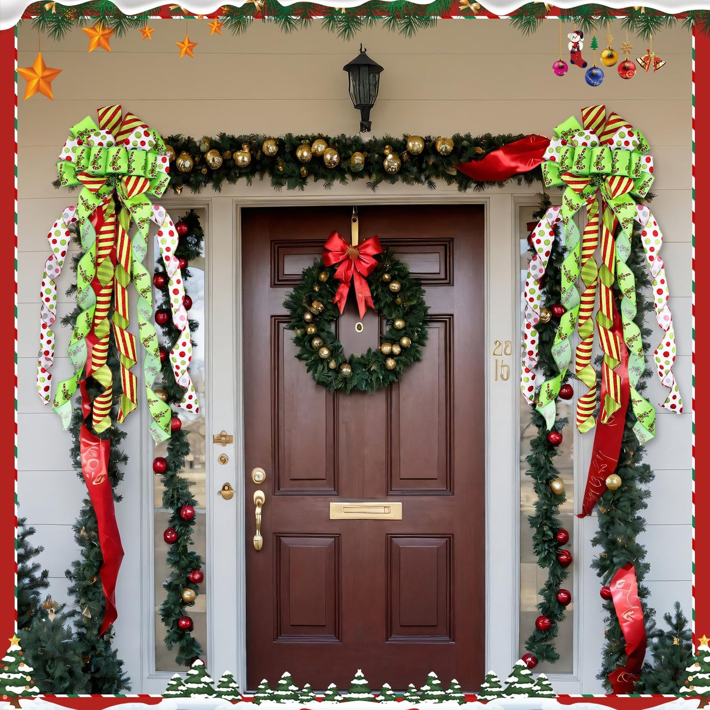 Suncalla 2 Pcs 44 x 13 Inch Large Christmas Tree Toppers Green Christmas Tree Ornaments Candy Cane Ribbon Bows Lime Green Glitter Polka Dot Wreath for Xmas Holiday Indoor Outdoor Front Door Staircase