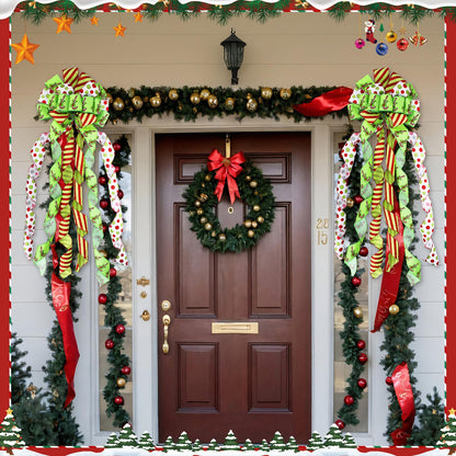 Suncalla 2 Pcs 44 x 13 Inch Large Christmas Tree Toppers Green Christmas Tree Ornaments Candy Cane Ribbon Bows Lime Green Glitter Polka Dot Wreath for Xmas Holiday Indoor Outdoor Front Door Staircase