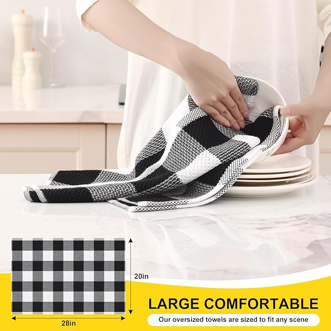Homaxy 100% Cotton Waffle Weave Check Plaid Kitchen Towels, 20 x 28 Inches