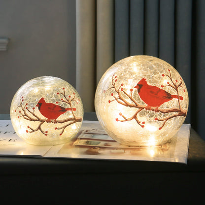 Kaowod Crackle Glass Cardinal Lamp with Timer, Battery Operated Large Red Cardinal Stained Glass Christmas Decor Accent Ball Lamp, Lighted Up Red Bird Globe Table Light, Led Sphere Desk Lamp