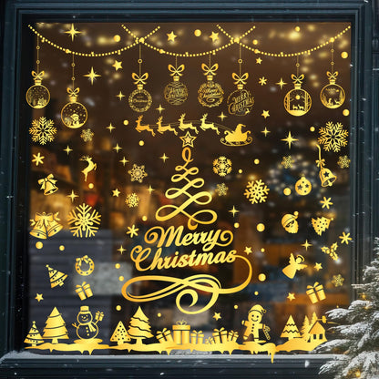Whaline 9 Sheets Gold Christmas Window Clings Merry Christmas Tree Snowflake Window Decals Reusable Double-Sided Windows Decor for Winter Holiday Home Classroom Office Party Supplies