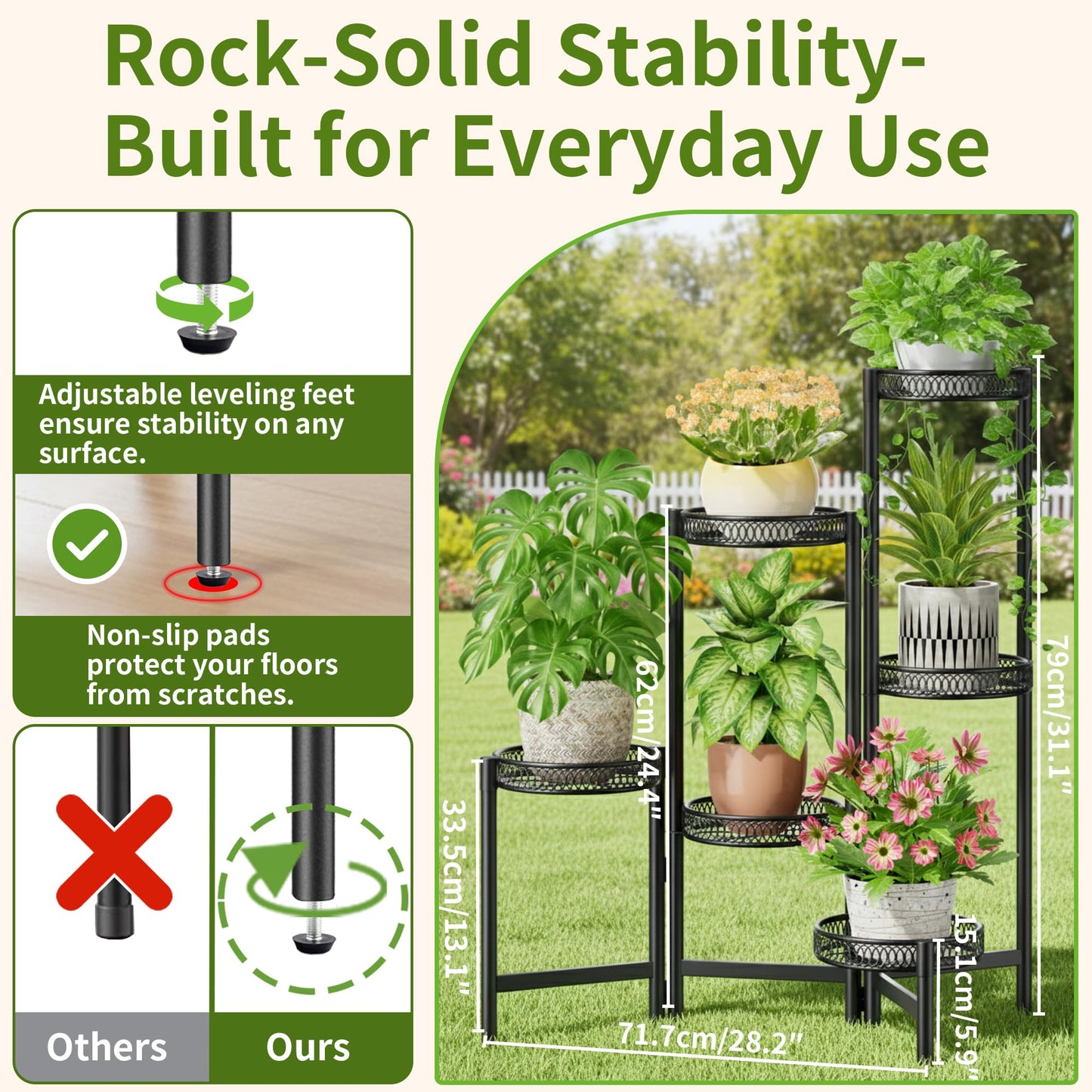 NQW 6 Tier Large Plant Stand Indoor with 7.9-Inch Wide Drainage Tray, Tiered Corner Metal Outdoor Flower Display Holder Shelf, Folding Tall Rack for House Patio Porch Balcony Graden - BlackFlower
