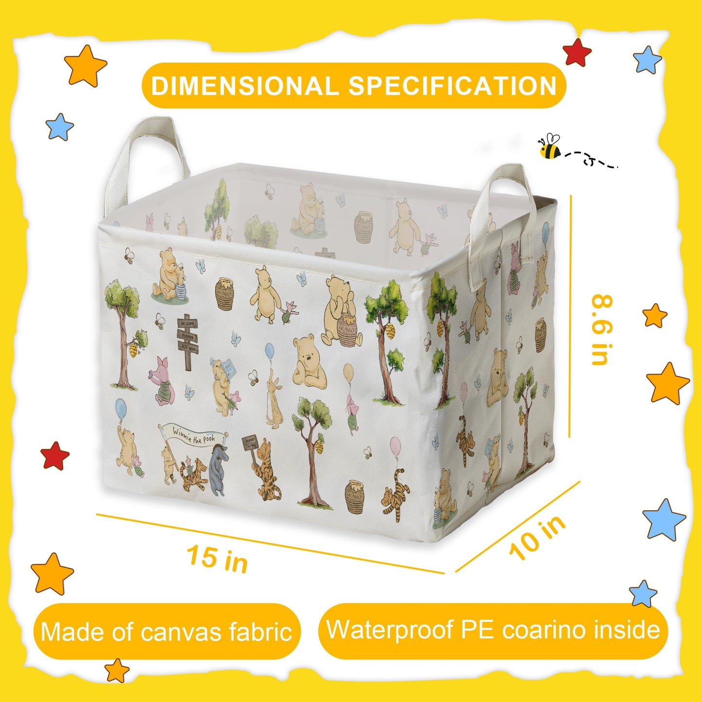 ZsaTuiy Winnie Storage Nursery Basket,Large squarecanvas Laundry Hamper WithWinnie baby Stuff A Waterproof PECoating, Foldable, Bathroom and Bedroom SetClothes ,Toys Bin, Baby Nursery HamperDecor