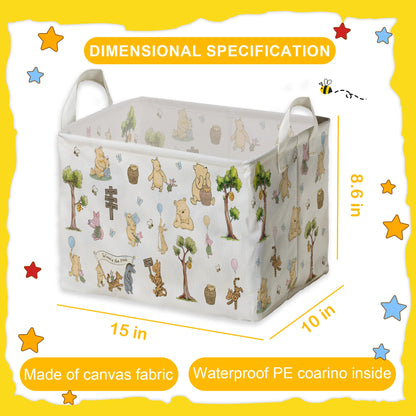 ZsaTuiy Winnie Storage Nursery Basket,Large squarecanvas Laundry Hamper WithWinnie baby Stuff A Waterproof PECoating, Foldable, Bathroom and Bedroom SetClothes ,Toys Bin, Baby Nursery HamperDecor
