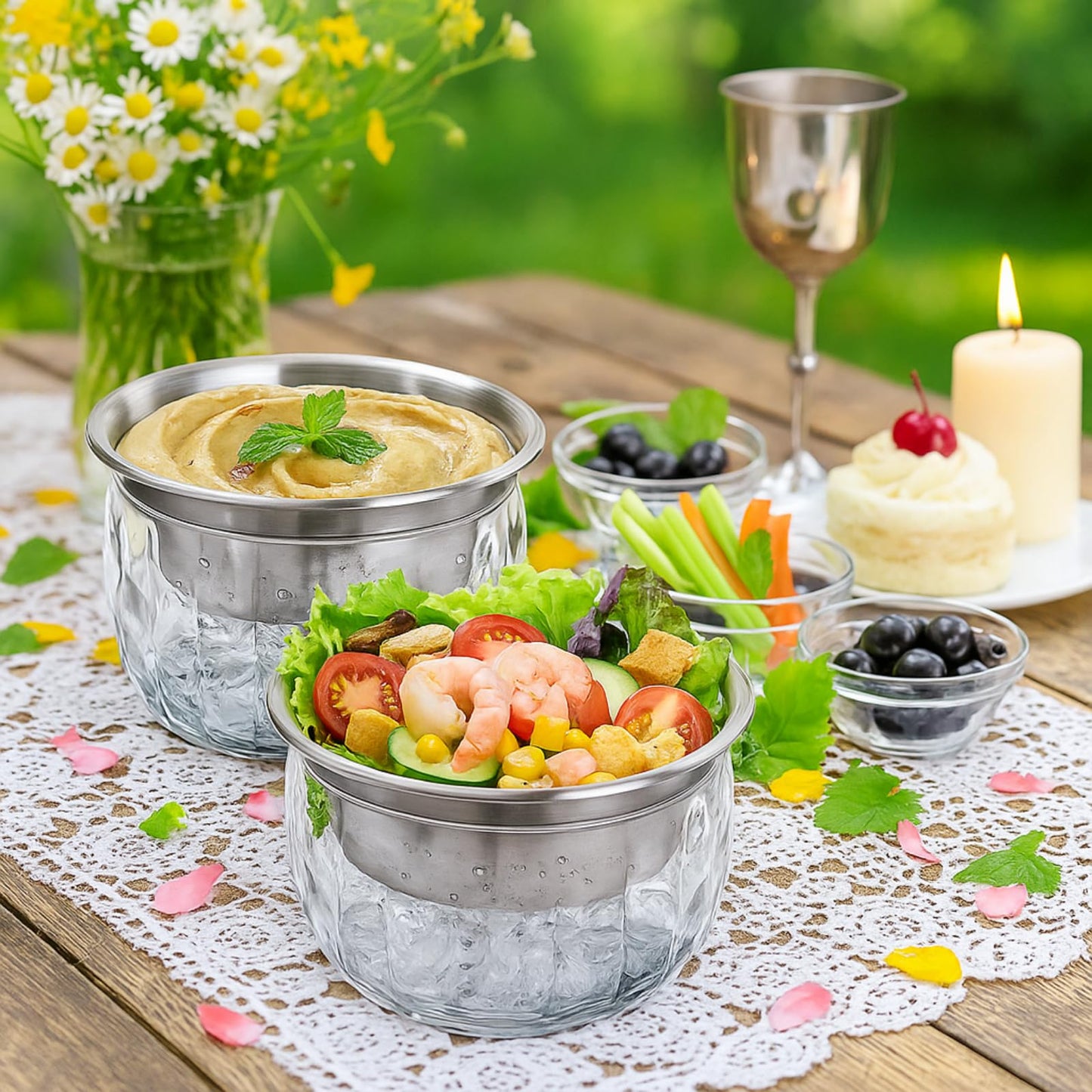ZENFUN 2 Pack 20 Oz Chilled Dip Bowl with Acrylic Ice Bowl Base, Stainless Steel Ice Chilled Serving Dish Iced Salad Bowl Set for Chilled Pasta, Potato, Dressing, Fruit