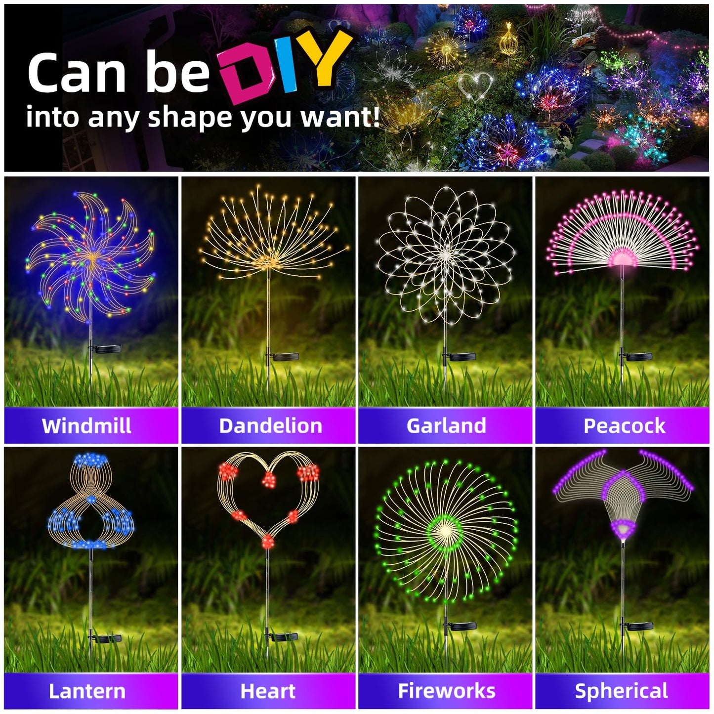2 PCS Solar Firework Light, Outdoor Solar Garden Decorative Lights 120 LED Powered 40 Copper Wires String DIY Landscape Light for Walkway Pathway Backyard Christmas Decoration Parties (Cool White)