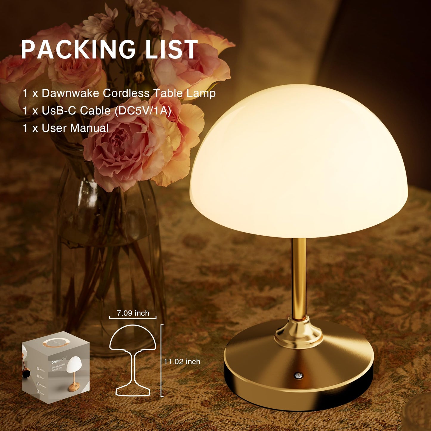Dawnwake Mushroom Lamp Cordless Lamp Table Lamp,Outdoor Waterproof Shower Lamps,5000mAh Rechargeble Battery Operated Dimmable Touch Desk Lamps,LED Night Light for Bathroom Patio Camping Outdoor(Gold)