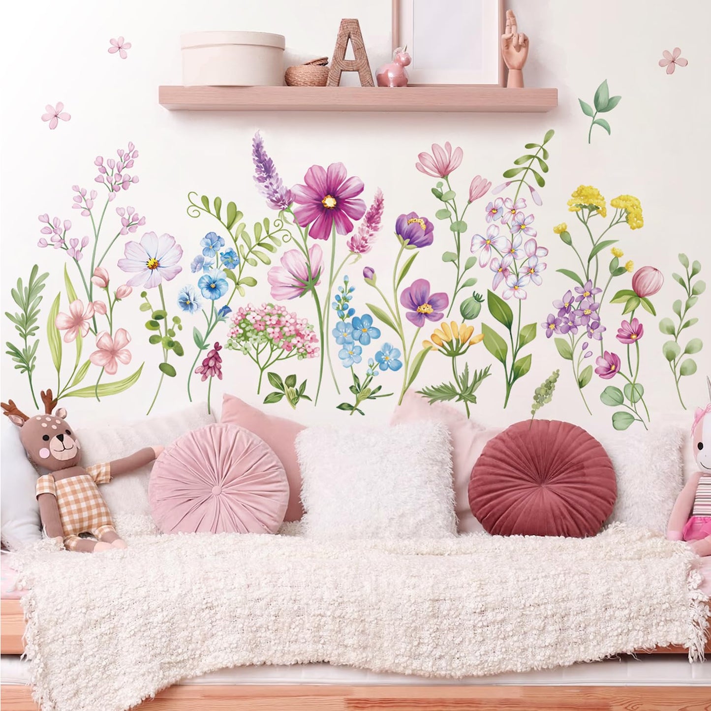 wondever Purple Wildflower Wall Stickers Garden Flower Daisy Floral Botanical Wall Art Decals for Bedroom Living Room Sofa