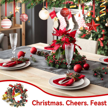 ZeeDix Christmas Wreath Napkin Rings Set of 12, Holiday Rhinestone Christmas Napkin Ring Holders for Cloth Napkins, Napkin Buckle for Thanksgiving Holiday Dinner Table Decor