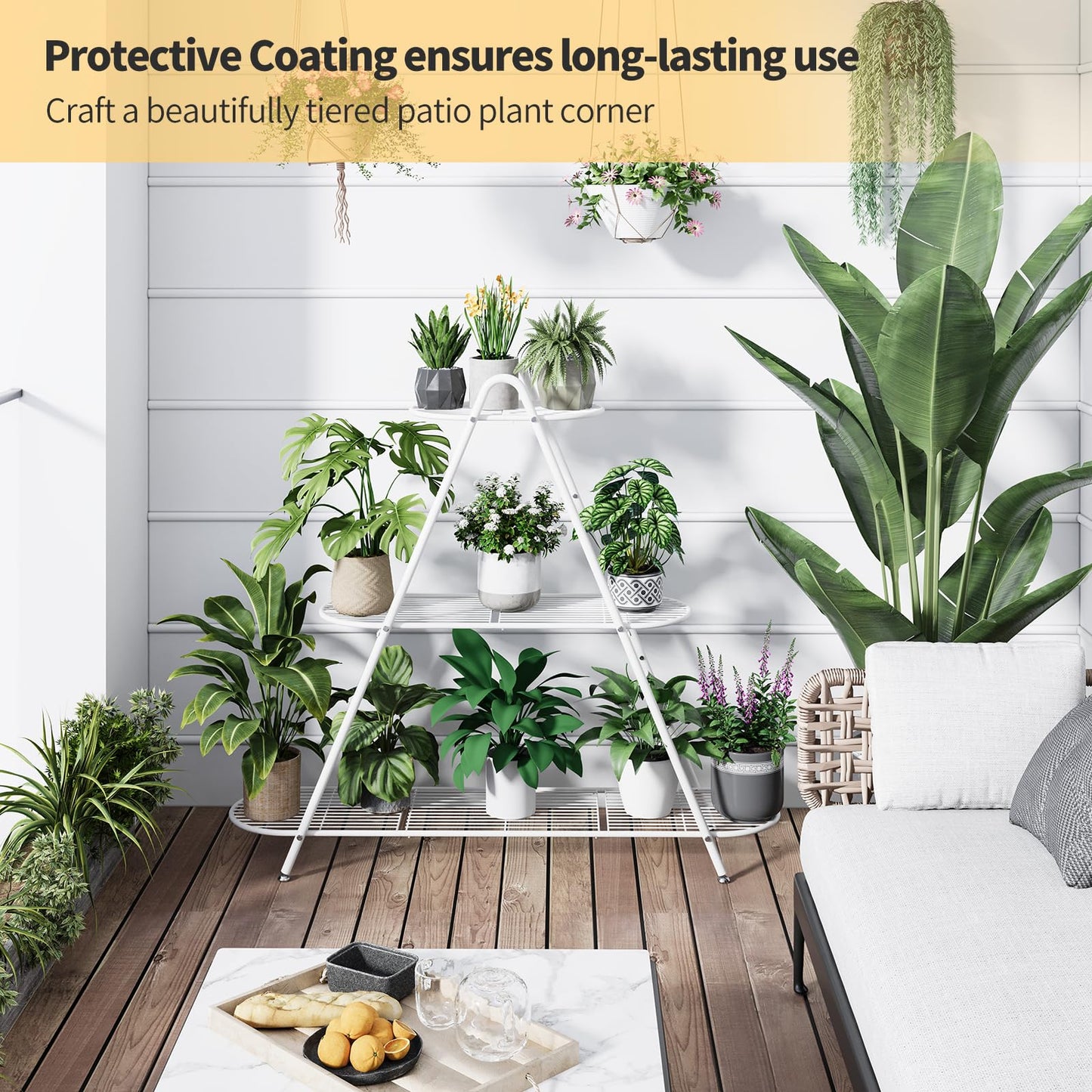 Furshus Plant Stand for Patio, 3-Tier Metal Plant Shelf–Indoor/Outdoor Display Rack for Multiple Pots, Heavy Duty Plants, Garden Flower Organizer (White)