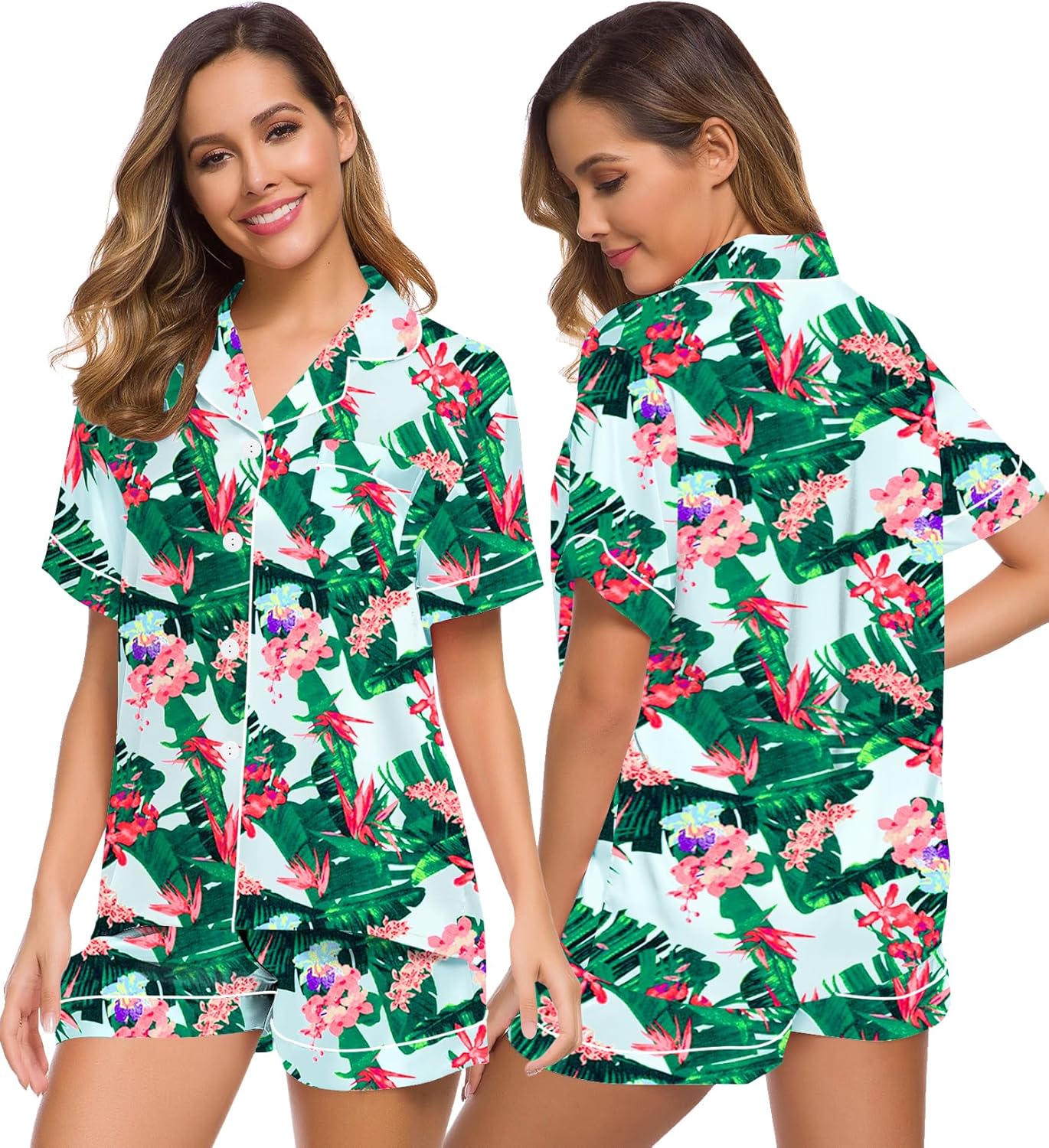 SWOMOG Womens Silk Satin Pajamas Set Short Sleeve Sleepwear Button Down Top and Shorts Loungewear 2 Piece Pjs Set XS-3XL