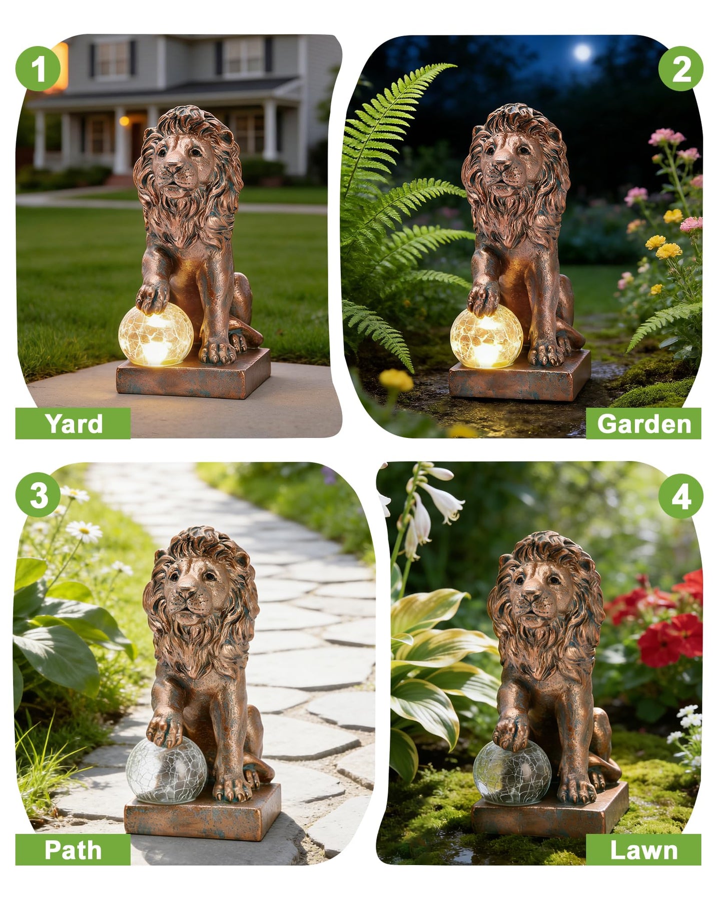 Nacome Guardian Lion Garden Decor: Outdoor Decoration Statue with Ball Lights for Yard Art Porch Patio Balcony - Unique Birthday Choice for Women Mom Lover - 9.45in (Copper)