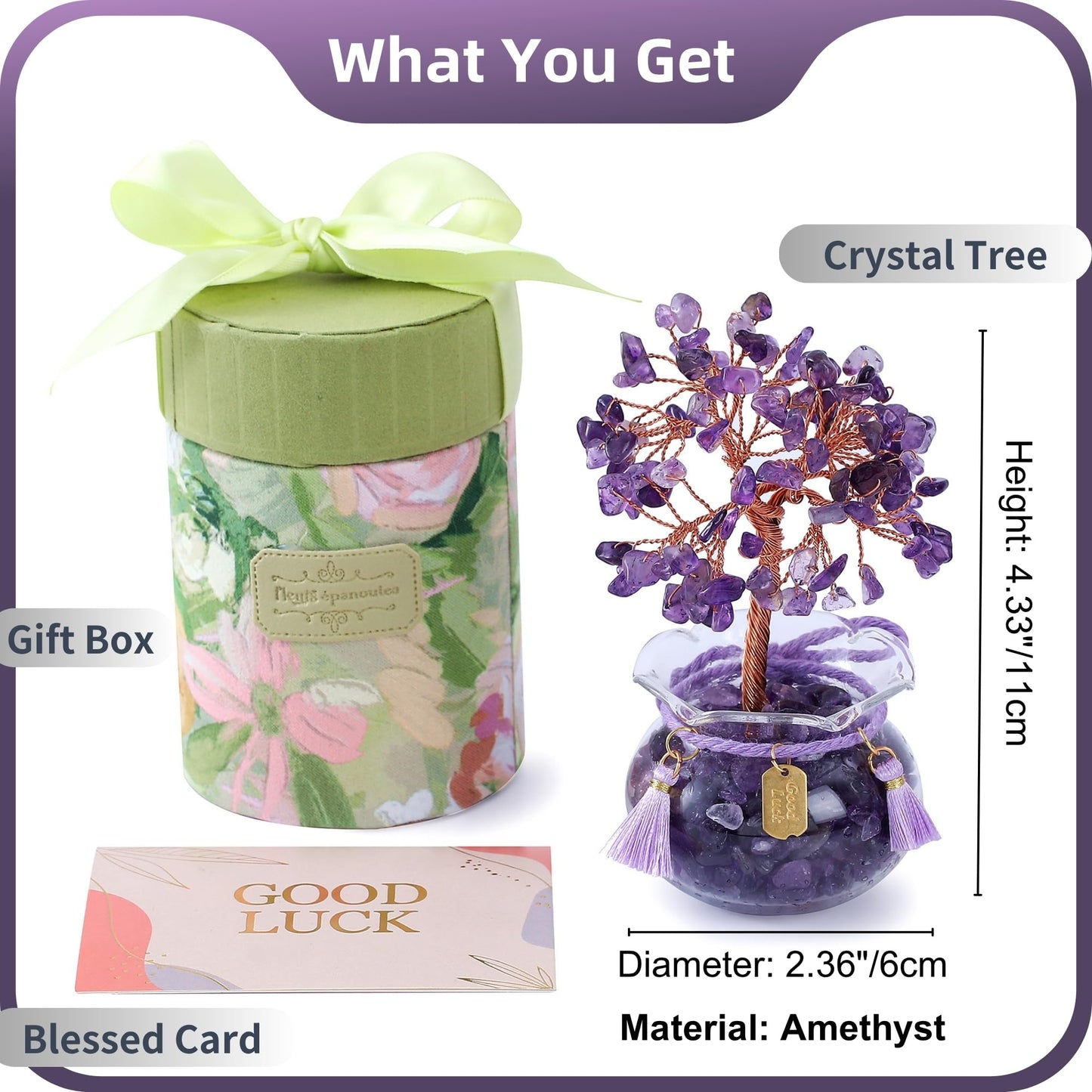 CrysDeco Premium Crystal Tree with Glass Bowl Base & Tassel Charm - 7 Chakra Healing Gemstones Tree, Desk Decor Feng Shui Spiritual Gift for Women Mom Wife Birthday Christmas, 4.3 inch (Amethyst)