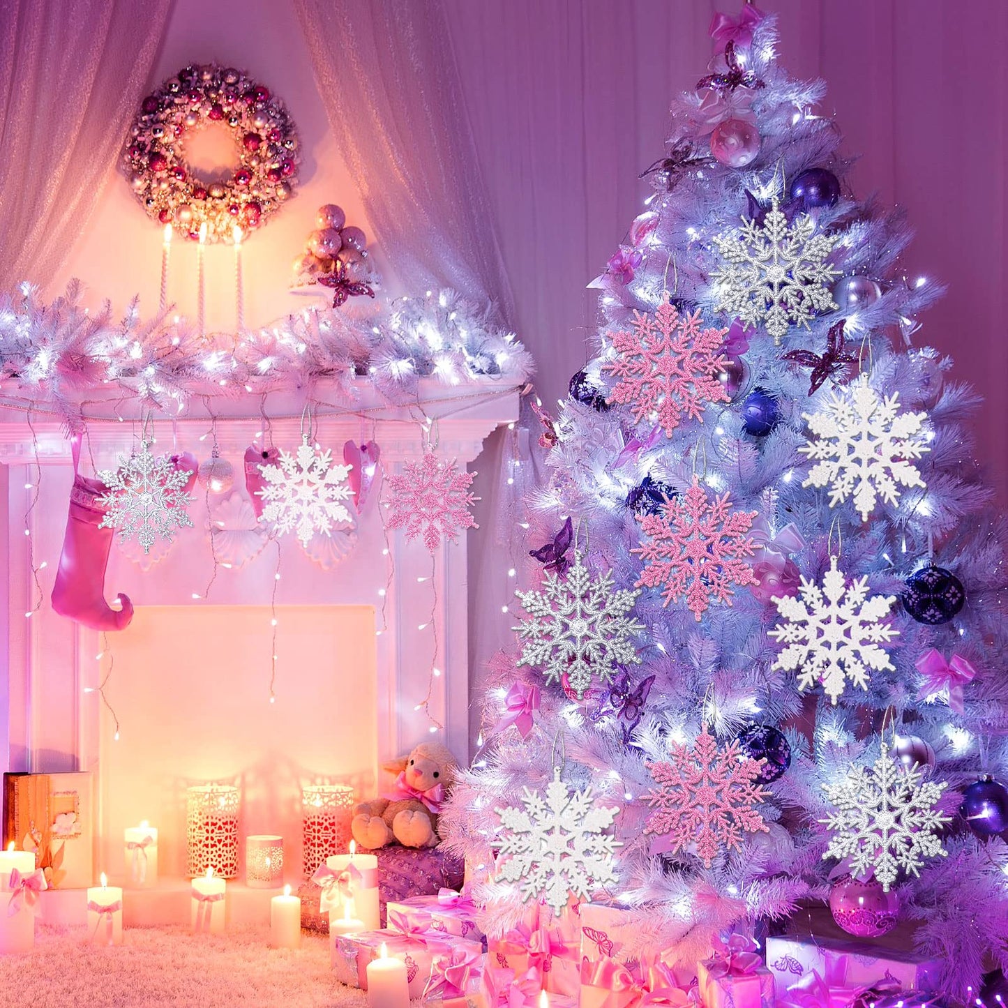 Sumind 36 Pieces Winter Plastic Glitter Snowflake Ornaments 4.92 Inch Pink, Silver, White, Snowflake Large Holiday Tree Decorations with 36 Pieces Ropes for Christmas Tree Wedding