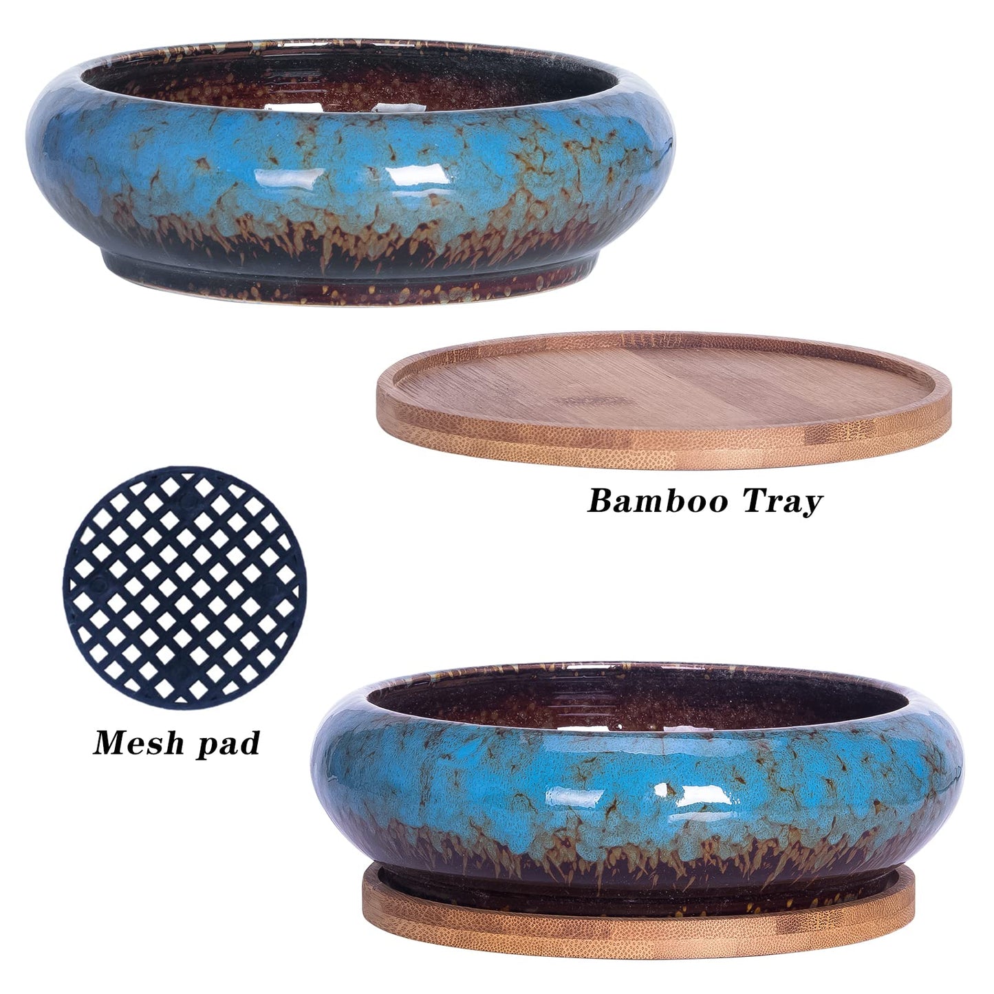 ARTKETTY Succulent Pots, 7.3 Inch Succulent Planters with Drainage Pack of 2, Shallow Bonsai Pot with Tray Ceramic Pots for Indoor Plants Large Cactus Flower Plant Bowl