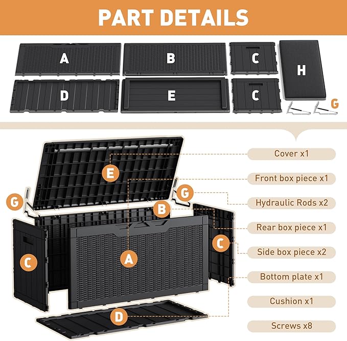 Greesum 100 Gallon Resin Deck Box Large Outdoor Storage Boxes with Cushions for Garden Tools, Patio Furniture Pillows, Pool Supplies, Black