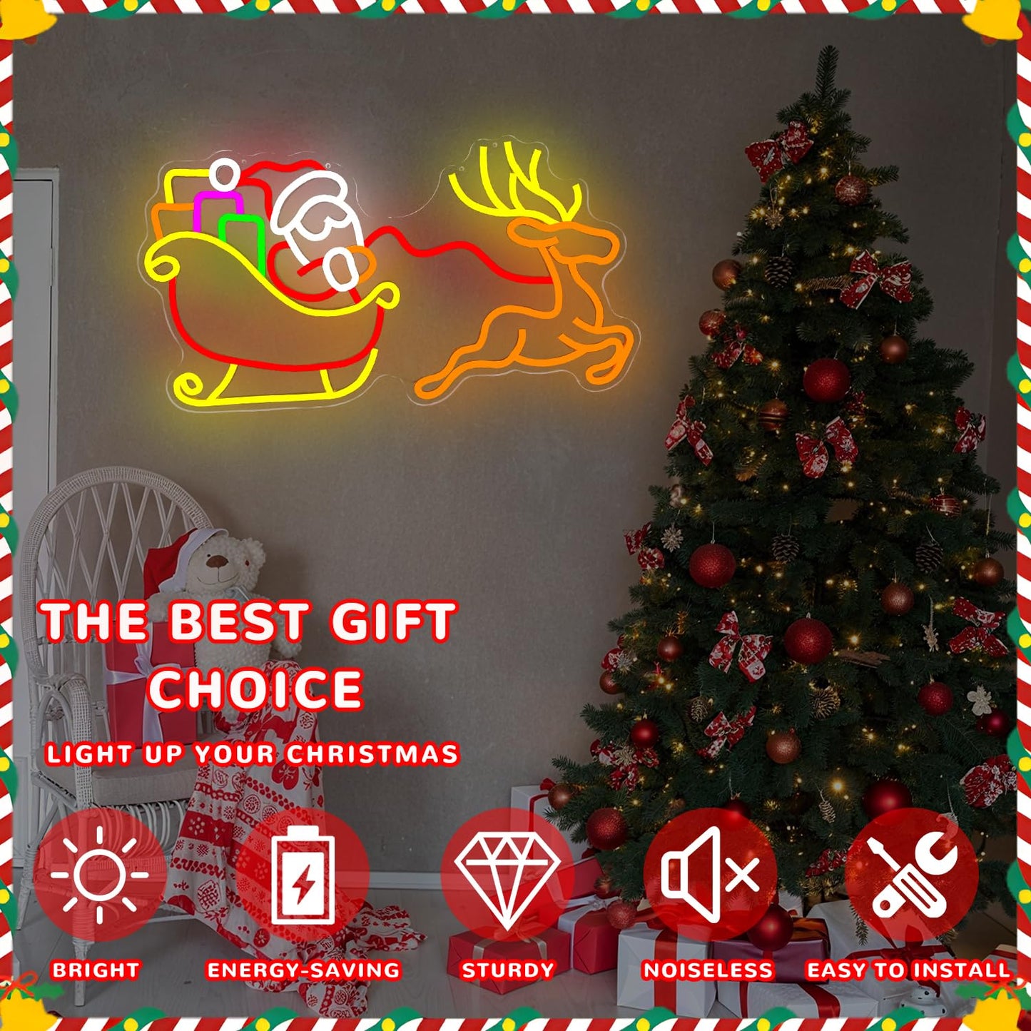 hhuohuona Large Santa With Sleigh and Reindeer Neon Sign Dimmable Neon Christmas Sign Lighted Reindeer Sleigh Santa Led Signs for Wall Xmas Decorations (21.18 * 11.61 In)