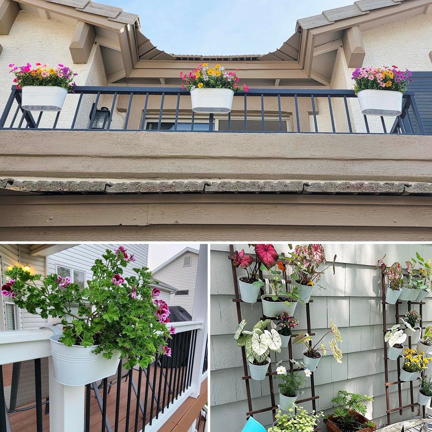 Biugaaufai 6 Pack Metal Railing Planter for Outdoor Plants, White Iron Railing Planters, Metal Window Hanging Flower Pots for Balcony, Fence, and Patio Railings, Garden Decor with Drainage Holes
