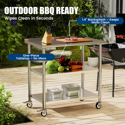 Chingoo Stainless Steel Work Table with Wheels, 24x48 Inch NSF Food Prep Table with Backsplash & 2 Adjustable Undershelves for Commercial Kitchen, Restaurant, Garage