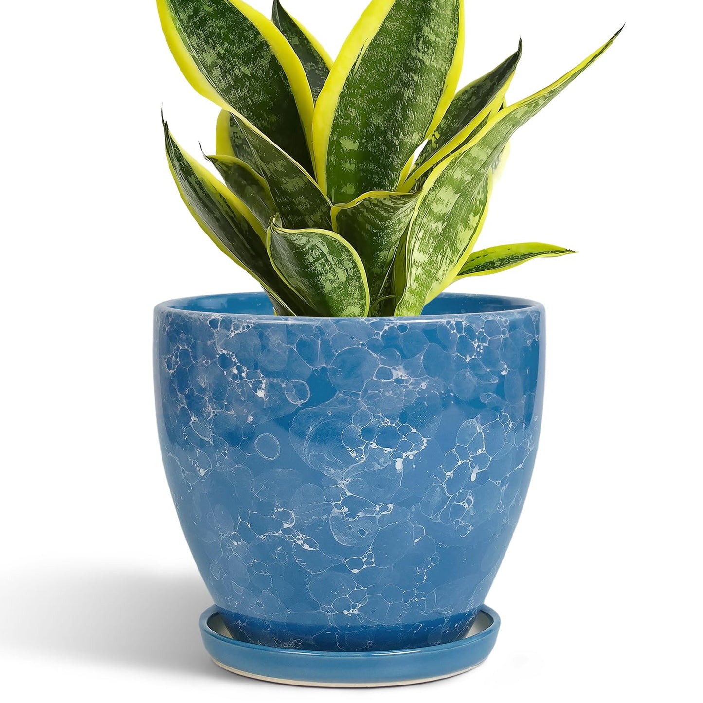 EPFamily 6 Inch Ceramic Plant Pot - Ceramic Planters with Drainage Hole and Saucer, Round Decorative Planter, Modern Planters for Indoor Outdoor Plants, Desk Office Decor, Housewarming Gifts, Blue