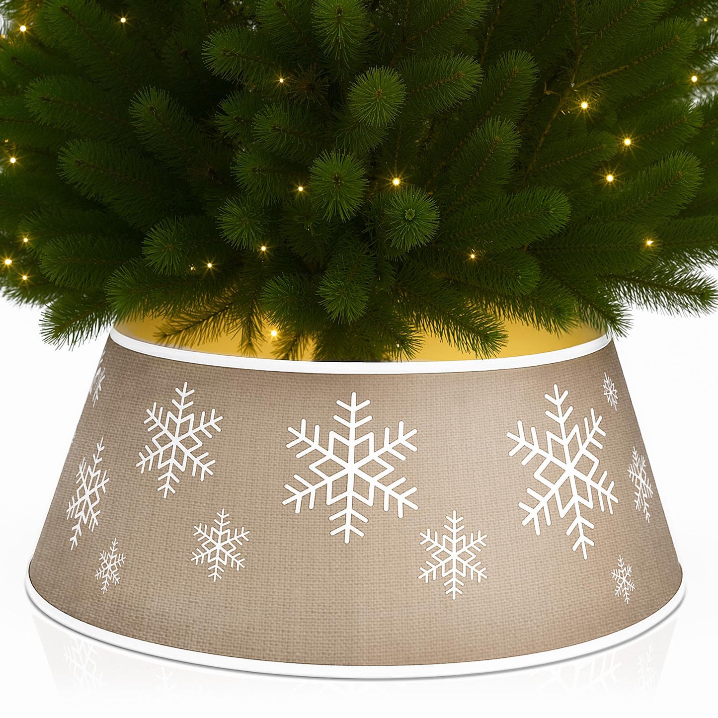 Soulchen Plain Burlap Farmhouse Christmas Tree Collars with Printed Snowflake 28 Inch Natural Burlap Boho Tree Skirt Rustic Collar for Indoor Trees Winter Home Decor (Khaki)