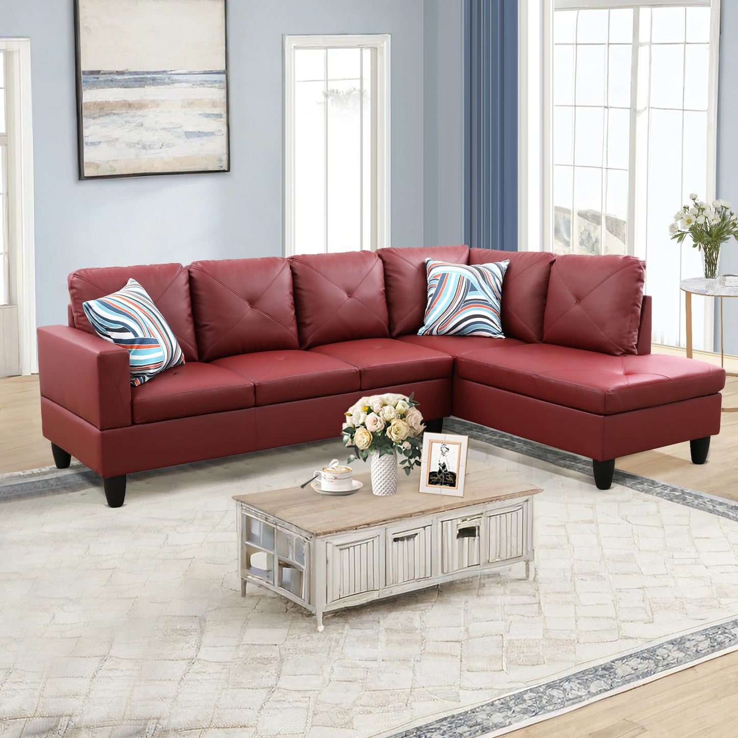 NicBex Leather 97" L Shaped Couch Sectional Couches for Living Room, 2-Piece Modular Sofa with Movable Chaise & Deep Seat for Apartment, Bedroom, Office, Red