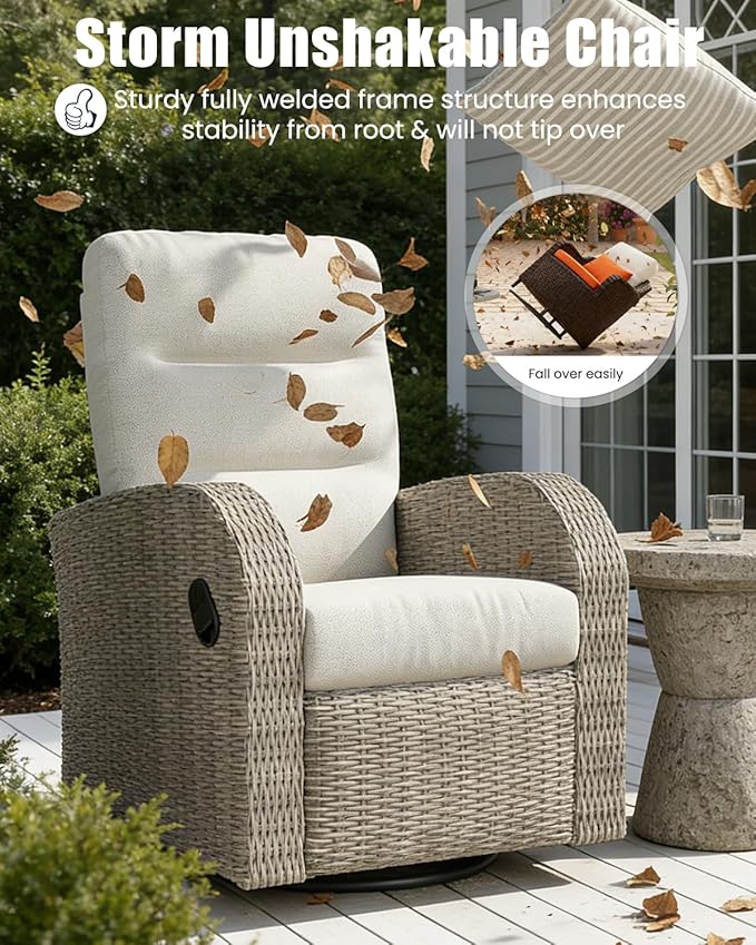Outdoor Swivel Recliner Chair Set of 2, All-Weather Wicker Reclining Patio Chair with Adjustable Backrest and Footrest