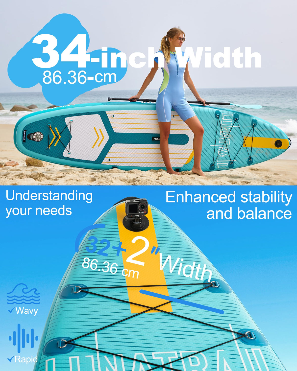 【11'×34"】 Extra Long/Extra Wide Premium Inflatable Stand Up Paddle Board (SUP) – Portable & Lightweight for Yoga, Surfing | Complete Kit with Paddle, Pump, Bag | Durable Design (Light Blue)