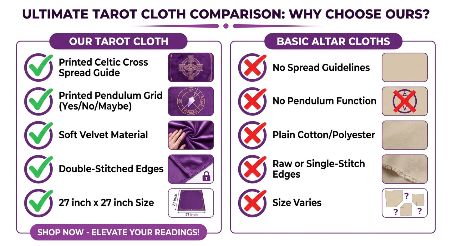 Purple Velvet Tarot Cloth for Reading 27x27 - Tarot Mat with Celtic Cross Spread Guide, Pendulum Mat & Divination Altar Tablecloth, Witchcraft & Crystal Ritual Pouch Included