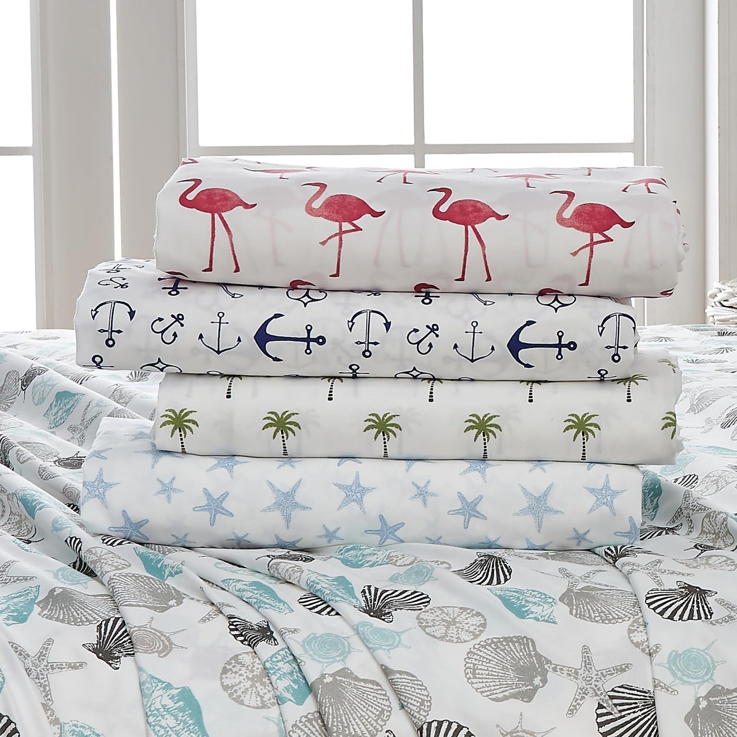 Great Bay Home Twin Coastal Microfiber Sheet Set - 3-Piece Nautical-Printed, Ultra-Soft Sheets - Beach-Themed Bedding Sheets & Pillowcases (Starfish - Blue)
