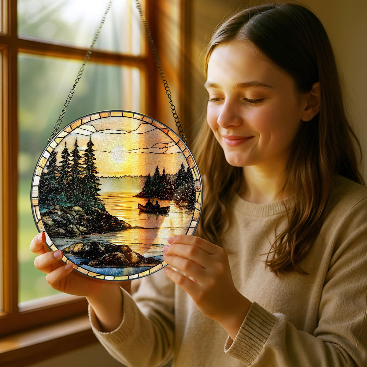 8-Inch Stained Glass Ornament, Stained Glass Window Hanging, Window Hanging Decor Suncatcher, Canoe Lake Sunset Ornament | Christmas, Mother’s Day, Birthday | Gifts for Nature Lovers, Mom & Friend