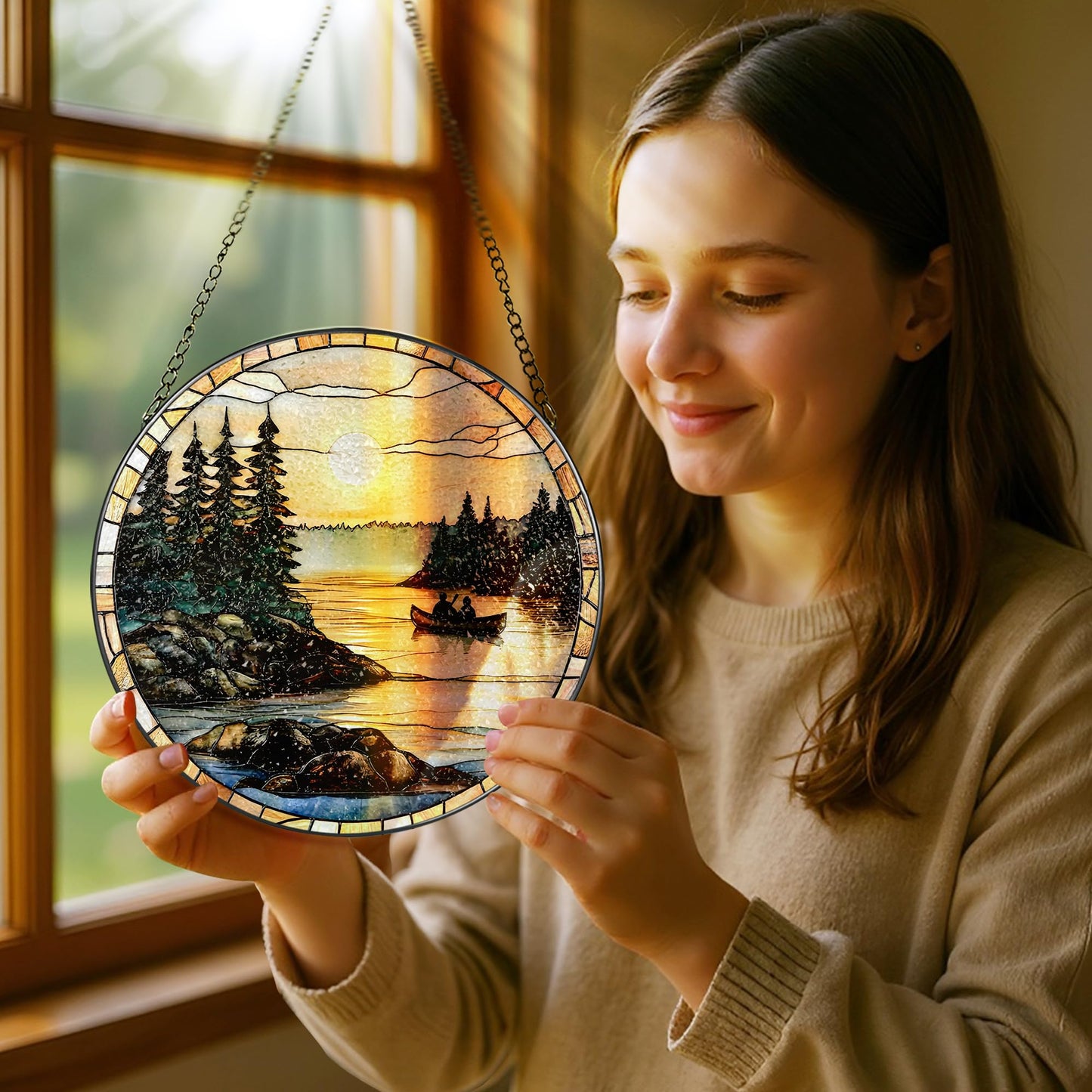 8-Inch Stained Glass Ornament, Stained Glass Window Hanging, Window Hanging Decor Suncatcher, Canoe Lake Sunset Ornament | Christmas, Mother’s Day, Birthday | Gifts for Nature Lovers, Mom & Friend
