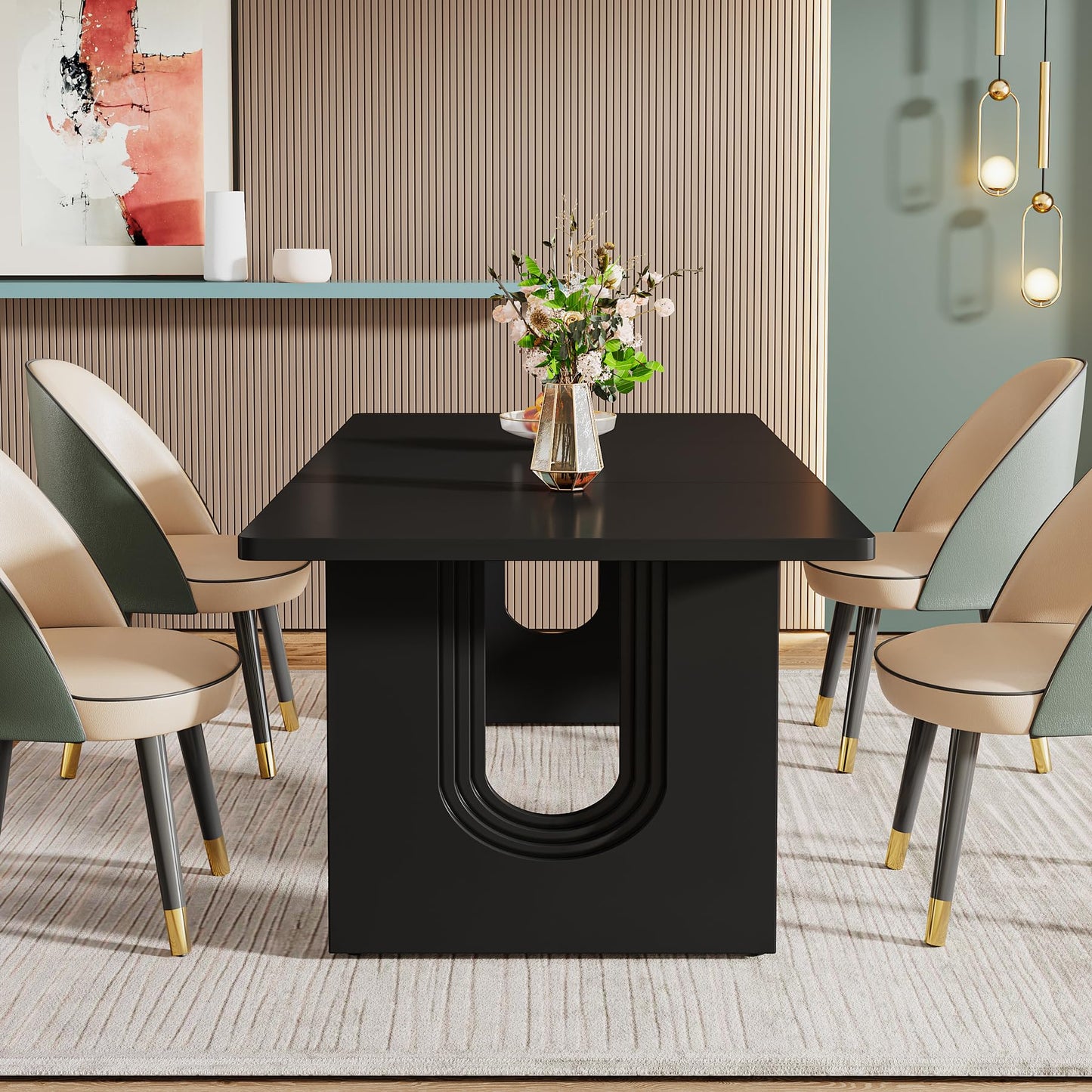 Tribesigns Modern Dining Table for 6 People, 71" Large Kitchen Dining Table with Wood Pedestal Base, Rectangular Long Dinner Table for Kitchen, Dining Room, Living Room, Black