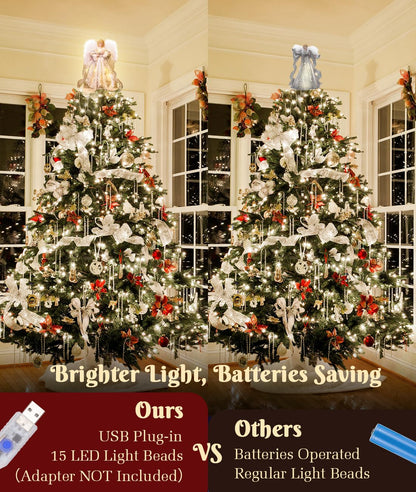 Luxspire Christmas Tree Topper, Angel Tree Topper with Lights, Angel Topper for Christmas Tree with Remote Control & Timer, USB Lighted Christmas Decorations for Holiday Home Indoor,White Dress
