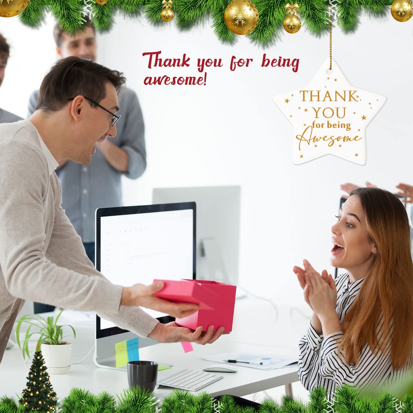 Sieral 10 Pcs Thank You Ornaments Bulk Christmas Office Gifts for Coworker Employee Star Ceramic Double Sided Thank You for Being Awesome Xmas Decor Inspirational Gift Teacher Nurse Team Customers