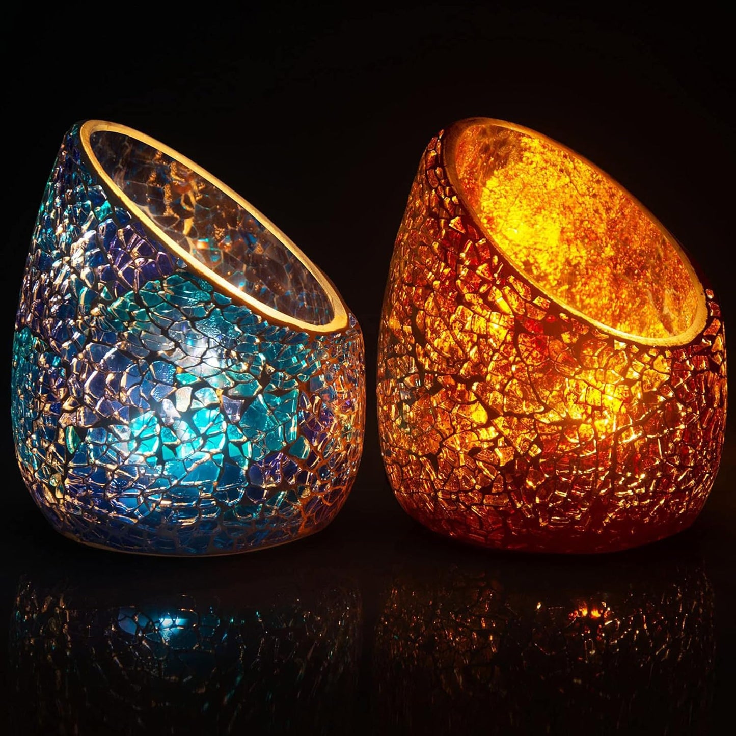 Votive Candle Holder Set, 2 Pc Mosaic Glass Tealight Candle Holder Handmade Romantic Slanted Crystal Centerpiece Candlescape for Valentine's Day